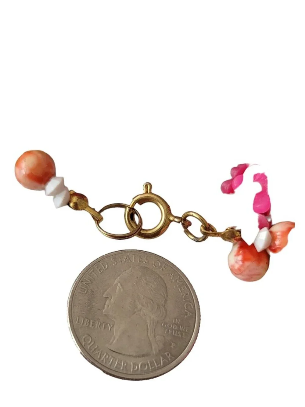 Pink Plastic Cap Flowers, Leaf Bead Necklace, 50” Long E300